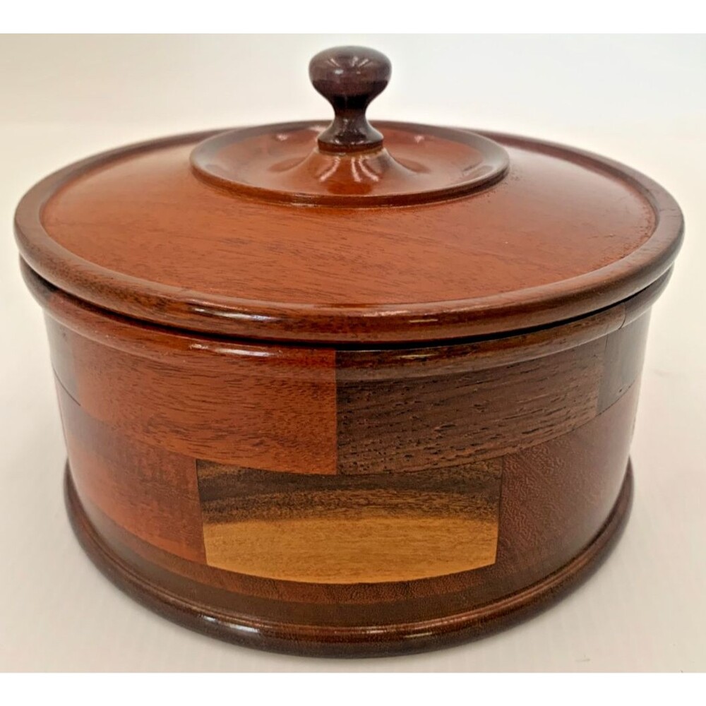 Vintage MCM Handcrafted Wood Lid Box Bowl Mid Century Patchwork Wood Box 6" Wide